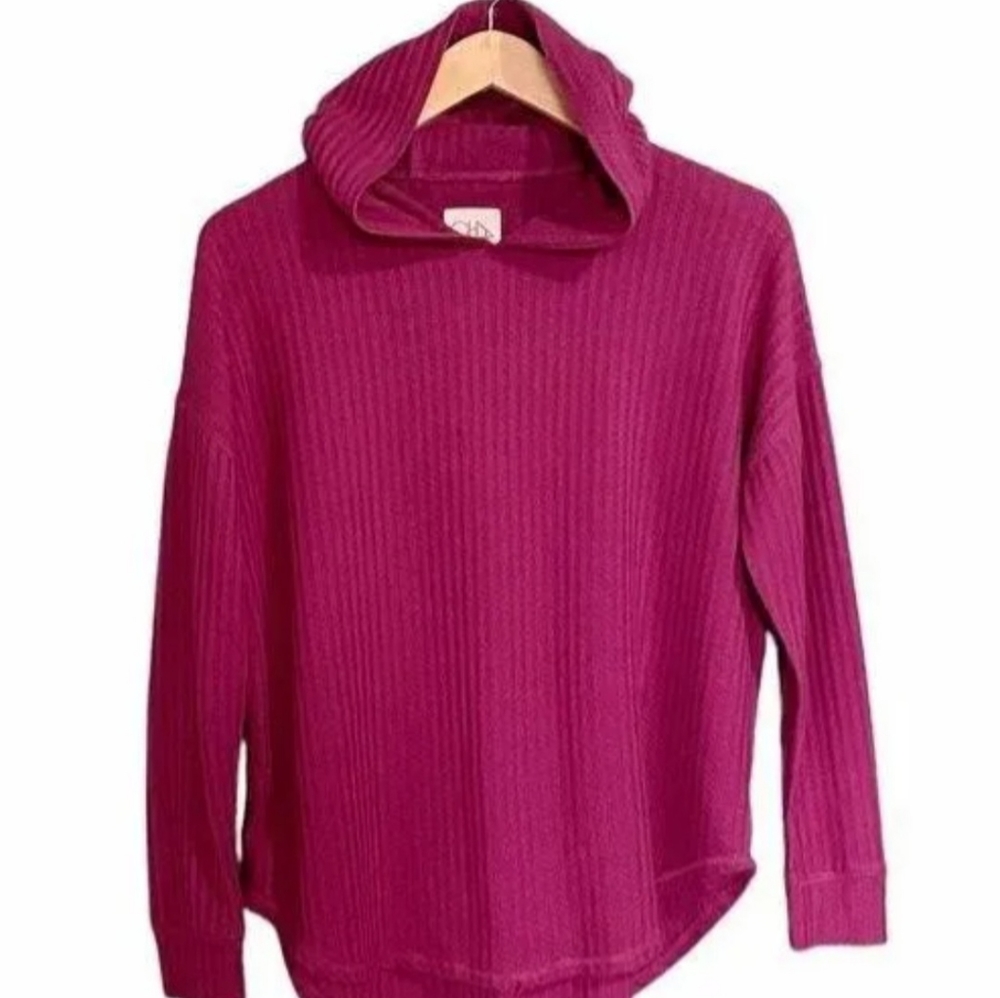 CHASER Waffle Knit Pullover Hoodie Curved Hem Top Raspberry Women Size M